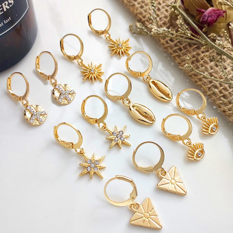 Flatfoosie New Tiny Hoop Earrings For Women Gold Color Cartilage Hoop Earrings Jewelry Heart Cross Star Triangle Charm Earrings