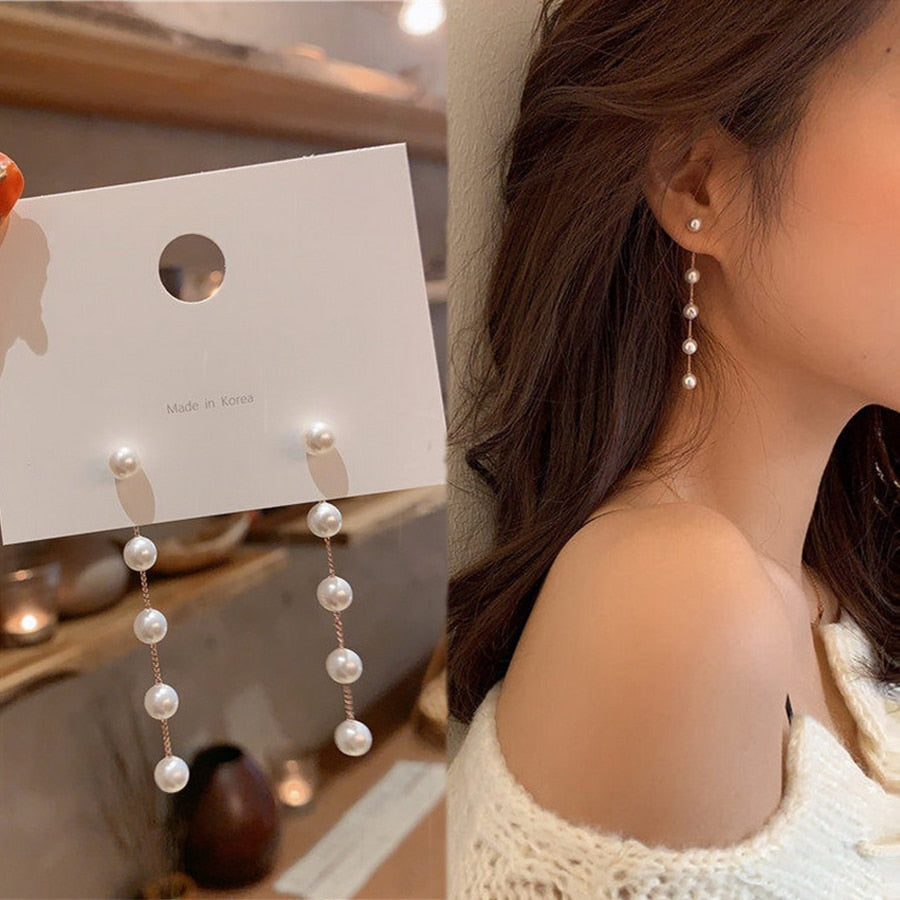 Trend Simulation Pearl Long Earrings Female Moon Star Flower Rhinestone Wedding Pendant Earrings Fashion Korean Jewelry Earrings