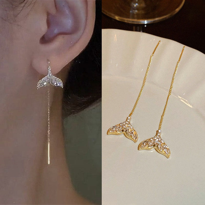 Drop Ear Line Long Hanging Earrings For Women Rose Gold Color Zircon Crystal Piercing Threader Earing Ear Accessories Jewelry