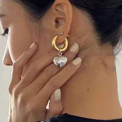 Statement Minimalist Gold Silver Color Mixed Solid Heart Pendant Hoop Earrings Street Style Korean Fashion Jewelry